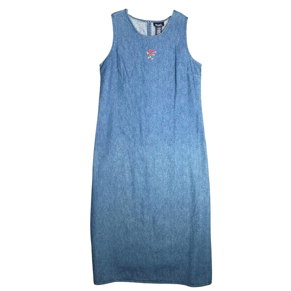Denim &Co Floral Embroidered Jumper Dress Denim Maxi L Vintage Blue Cottage Y2K - Picture 2 of 9